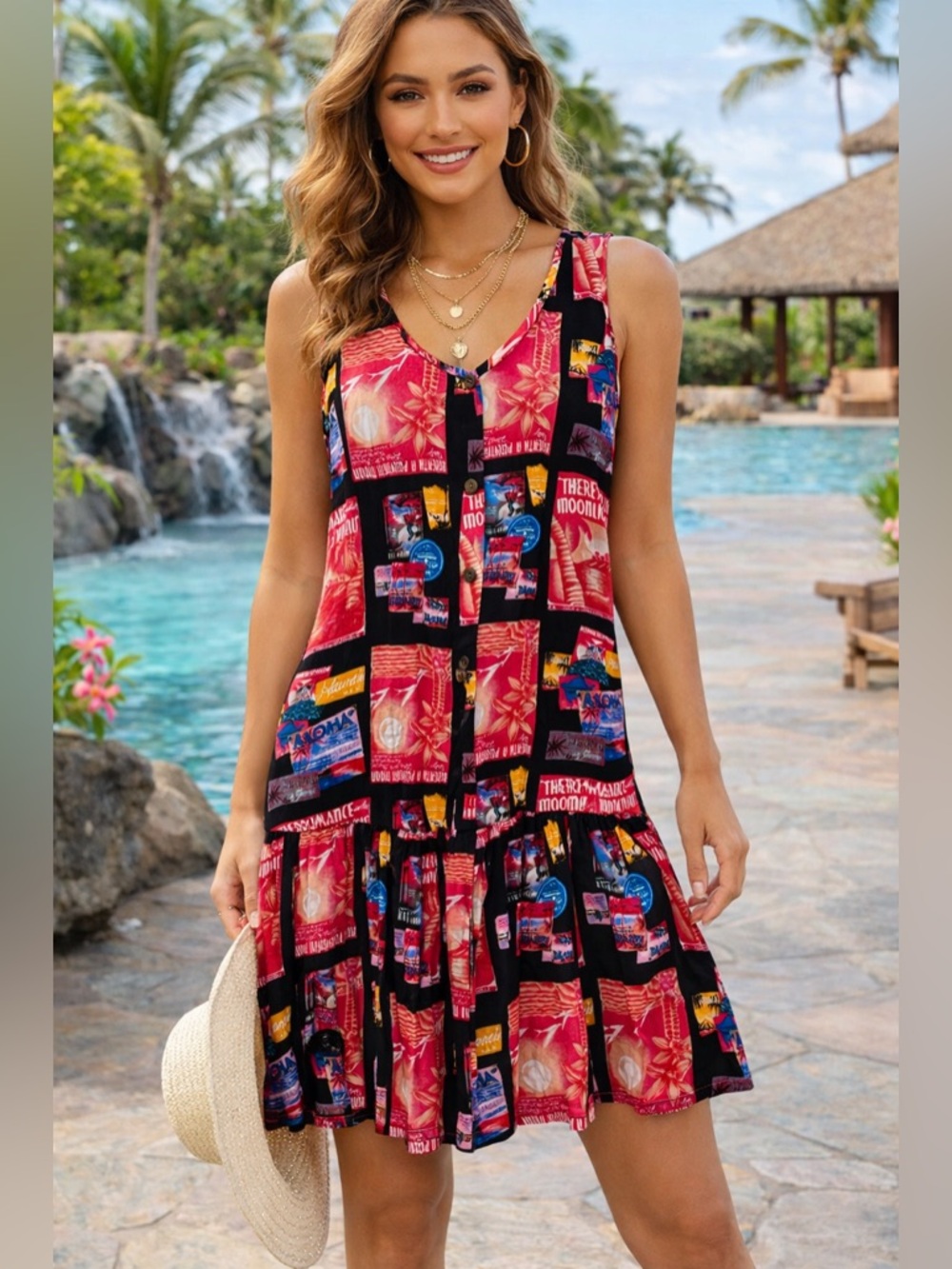 Pineapple Moon Hawaiian Print Dress Small Aloha Tropical Button Front